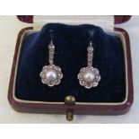 Tested at 14ct gold diamond chips and pearl earrings H 16 mm