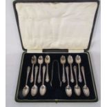 Cased set of 12 silver teaspoons and pair of sugar tongs Sheffield 1918, weight 5.24 ozt