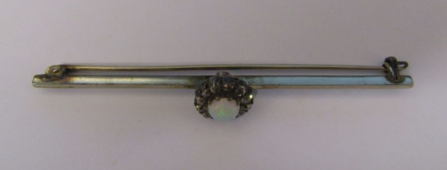 Tested as platinum bar brooch with opal and diamonds L 6.5 cm total weight 4.7 g - Image 2 of 9