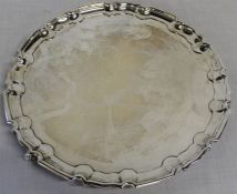 Large silver salver with Chippendale border, London 1907, maker William Hutton & Sons, dia. 30cm,