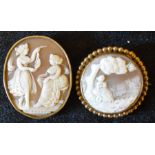 2 cameos with yellow metal mounts 2 ladies & a lady in a landscape largest 4.1cm by 3,4cm