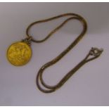 22ct gold mounted half sovereign dated 1911 on a gold plated box chain necklace