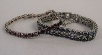 2 silver gemstone tennis bracelets (red L 7.5", blue 6"), total weight 1.60 ozt