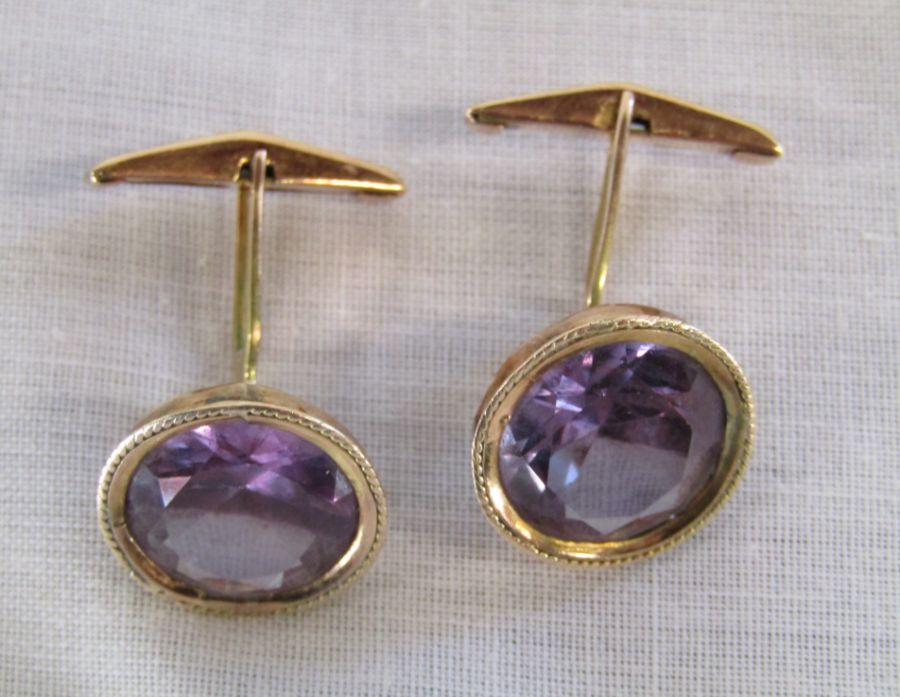 Pair of Amethyst & gold cufflinks marked 14k - Stone 1.2cm - total weight 7.6g - Image 13 of 13