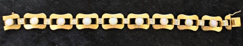 Tested as 15ct gold bracelet inset with opals (approx. 6mm each) & diamonds (total 0.5ct) L 18cm