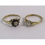 2 rings - 9ct 8 Sapphire & Single Diamond Daisy ring - Weight 1.3g - Size K - 9ct Single Diamond