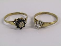 2 rings - 9ct 8 Sapphire & Single Diamond Daisy ring - Weight 1.3g - Size K - 9ct Single Diamond