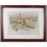 Finch Mason: four late 19th century colour prints, hunting incidents, in oak strip frame