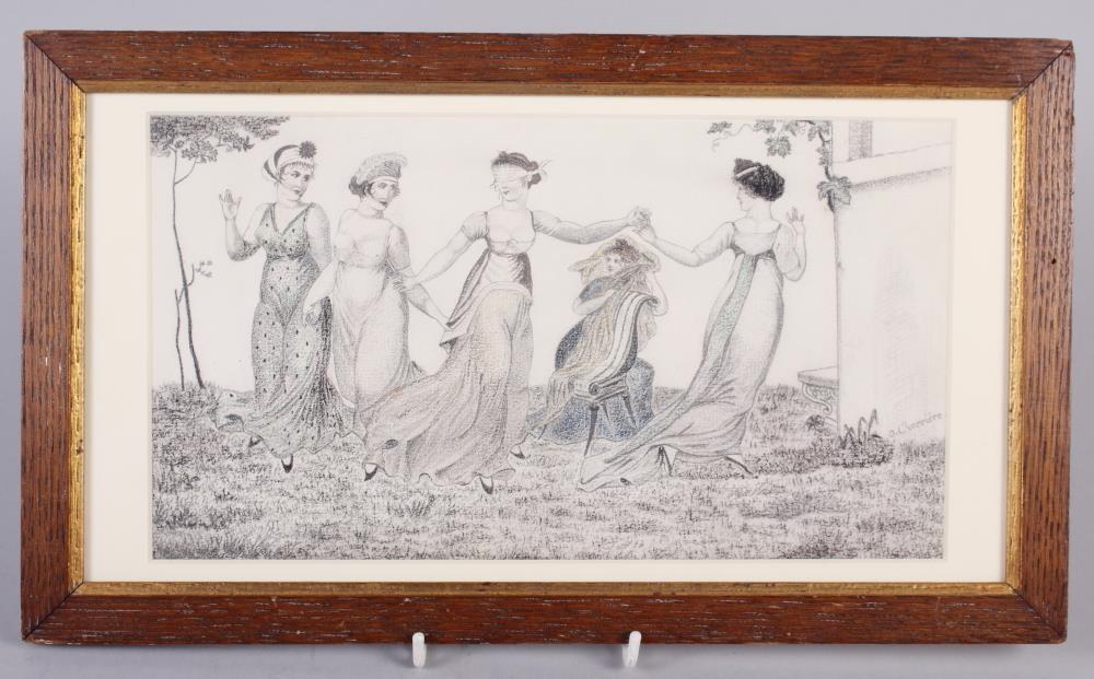 G Charriere: an early 19th century pencil sketch of girls dancing, 6" x 10 1/2", in strip frame - Image 2 of 3