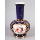 A 19th century bone china bulbous vase, decorated with panels of flower on a blue and gilt ground, 8
