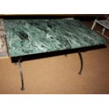 A green marble top coffee table, on wrought iron 'X' frame support, top 39 1/2" x 23", 24 1/2" high