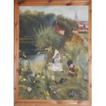 Wilson: oil on canvas, children on a river bank, 23" x 17 1/2", in strip frame