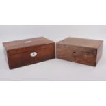 A rosewood writing box with mother-of-pearl inset, 13 3/4" wide x 9" deep x 5 1/4" high, and another