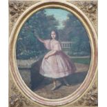 A Simmonetti, 1861: oil on canvas, portrait of a girl in a garden, 30" x 24", in relief oval mount