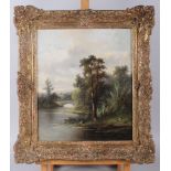 A 19th century oil on canvas, landscape with river and distant bridge, 13 1/2" x 11 1/2", in gilt