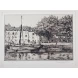Terence H Lambert: a pair of signed etchings, "The market at Quimper" and "Evening at Vannes", and