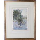 D Clarke?: watercolours, river scene with stone bridge, 9" x 6", in washline mount and gilt strip