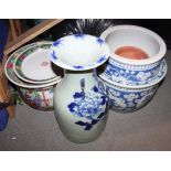 Two Chinese blue and white planters, 10" high, a polychrome decorated planter and matching saucer,
