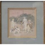 Two late 19th century watercolour sketches, shepherd and sheep and family at tea, 6 1/2" x 6 1/2",
