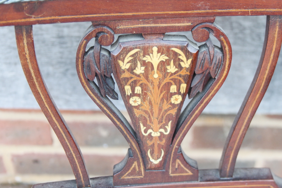 A late 19th century mahogany and inlaid open armchair with pierced panel splat back, upholstered - Image 2 of 2