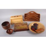 Two treen desk organisers, a leather cigarette case, wooden bowls and other items