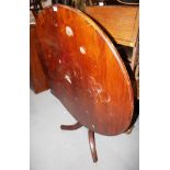 A mahogany circular tilt top table, on turned column and tripod splayed brass castored supports, and