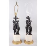 A pair of late 19th century bronze gilt brass and marble table lamps, formed as classical figures,