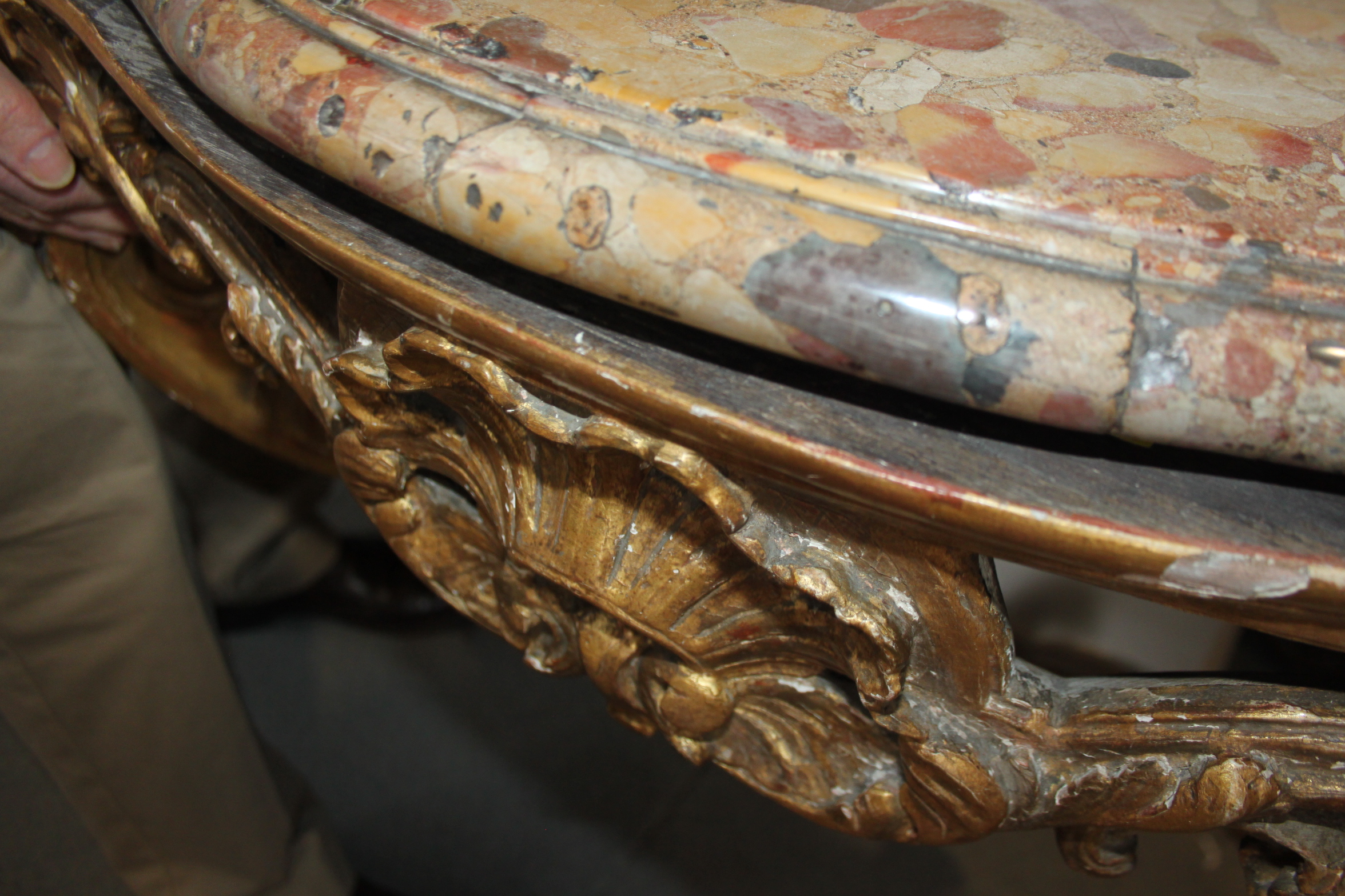 An 18th century carved giltwood serpentine front Brescia marble topped console table, 41" wide x - Image 16 of 16