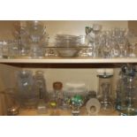 Two sets of ice plates, a pair of glass decanters with globular stoppers, and other glass bowls,