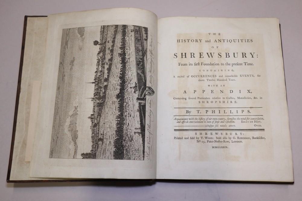 T Phillips: "The History and Antiquities of Shrewsbury", 1 vol illust, calf, 1779 (Sir James - Image 4 of 6
