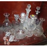 Seven miscellaneous decanters and five stoppers