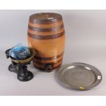 A stoneware barrel, 16" high, a pewter plate and a set of weighing scales
