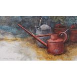 Henry Koehler: three oil on paper studies, "Watering cans, high-growth", 7 1/2" x 13", "Tools in a