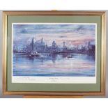 Frank Hendry: a signed colour print, "Liverpool Dawn", in gilt frame, and Joon: a signed limited