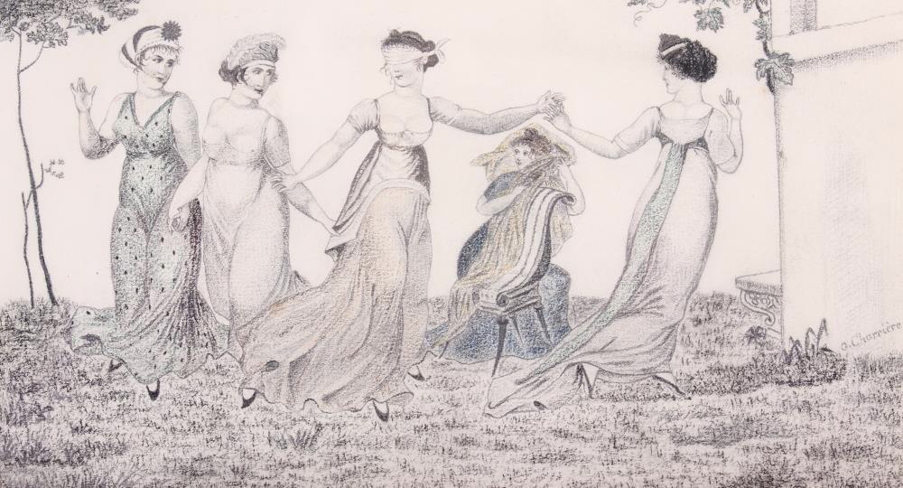 G Charriere: an early 19th century pencil sketch of girls dancing, 6" x 10 1/2", in strip frame