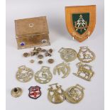 A brass jewellery box with etched decoration and inset enamelled cabochons, 4 1/2" high, a