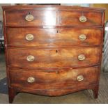 A late Victorian bowfront chest of two short and three long graduated drawers with oval brass