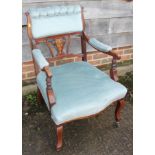 A late 19th century mahogany and inlaid open armchair with pierced panel splat back, upholstered