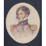 A 19th century watercolour portrait of a senior military officer, 5 1/2" x 4 1/2", in oval mount and