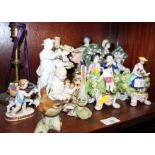 Three pairs of Chelsea style figures, tallest 7 1/2" high, two models of birds and other figures (