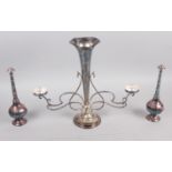 A pair of silver plated rose water sprinkler vases, 9 1/4" high, and a plated epergne