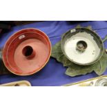 A tray, in the form of a leaf, two flower arranging pots and a bowl