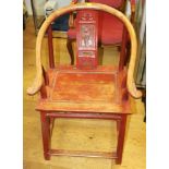 A Chinese carved hardwood and red lacquered open armchair, on square stretchered supports