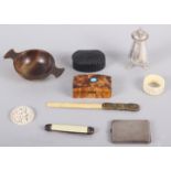 A silver pepper pot, a silver matchbook case, a tortoiseshell trinket box (damages), a Cantonese