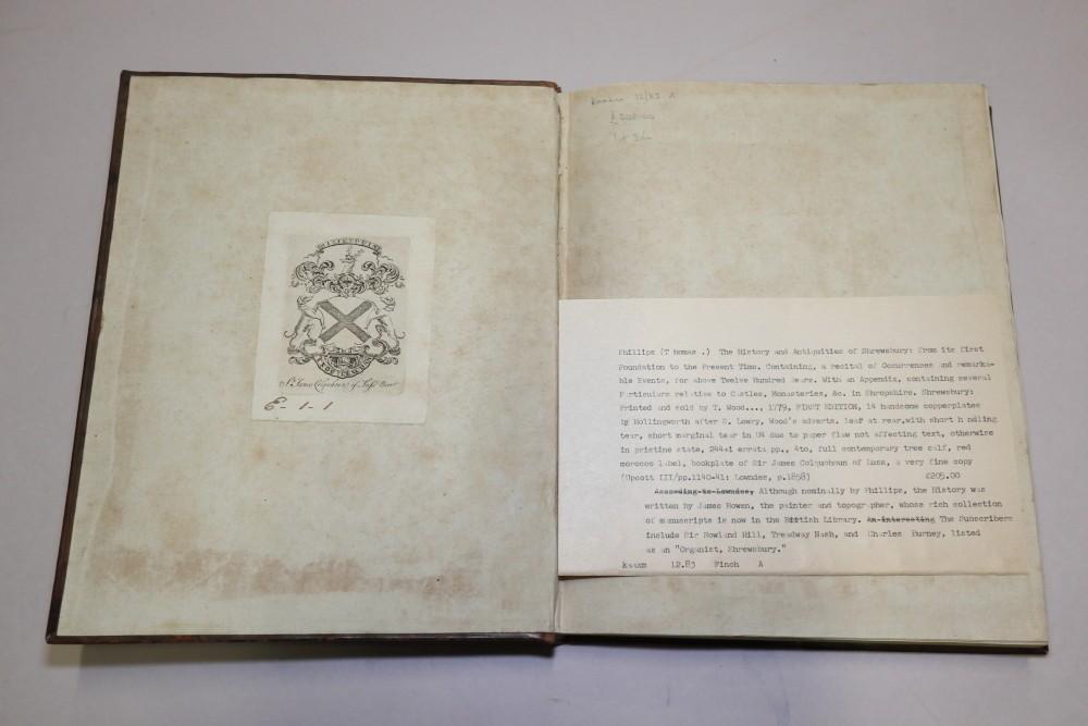 T Phillips: "The History and Antiquities of Shrewsbury", 1 vol illust, calf, 1779 (Sir James - Image 3 of 6