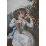 A late 18th century bodycolour on glass portrait of an unknown woman with basket, 9 1/4" x 7 1/4",