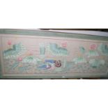A pair of Chinese bodycolours on silk, lotus buds and birds, 23" x 68", in green painted frames