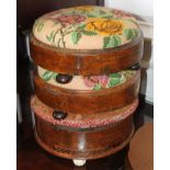A Victorian walnut and Tunbridge banded circular box seat stool, 11" dia, on ceramic feet, and a