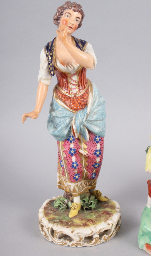 A Derby figure of a woman, 10" high, and two smaller figures (damages) - Image 2 of 12