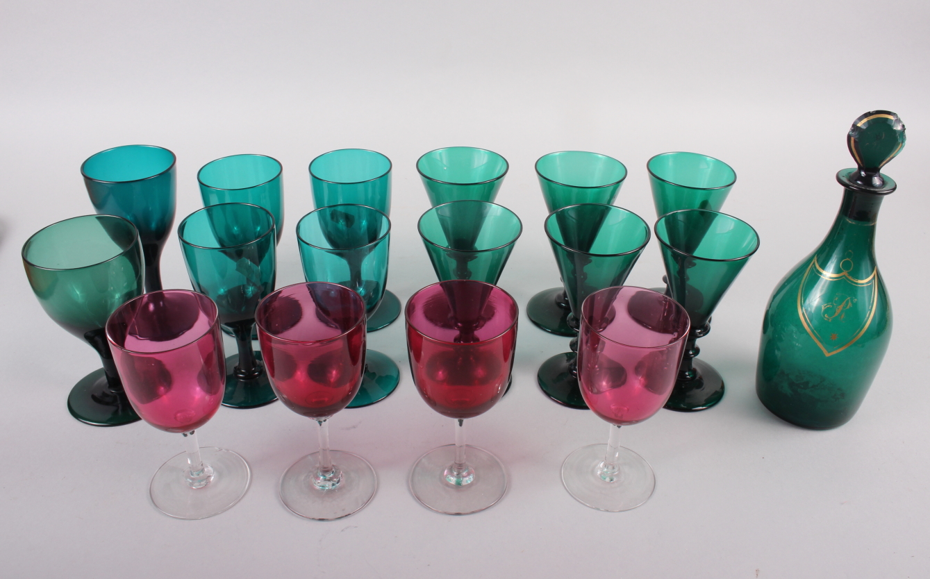 A set of six 19th century green glass conical wines, an early 19th century green glass rum